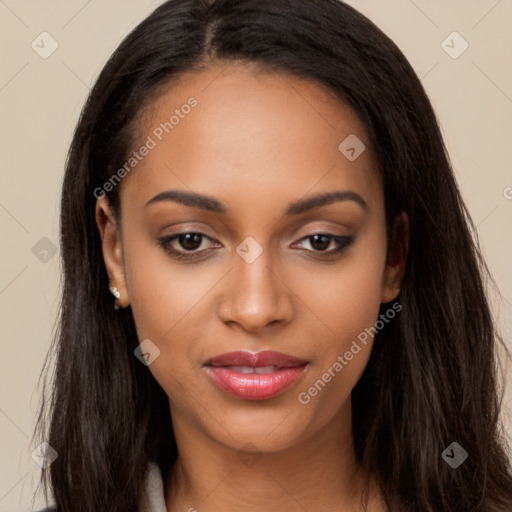 Joyful latino young-adult female with long  brown hair and brown eyes