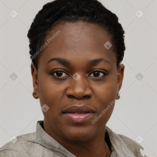 Joyful black young-adult female with short  black hair and brown eyes