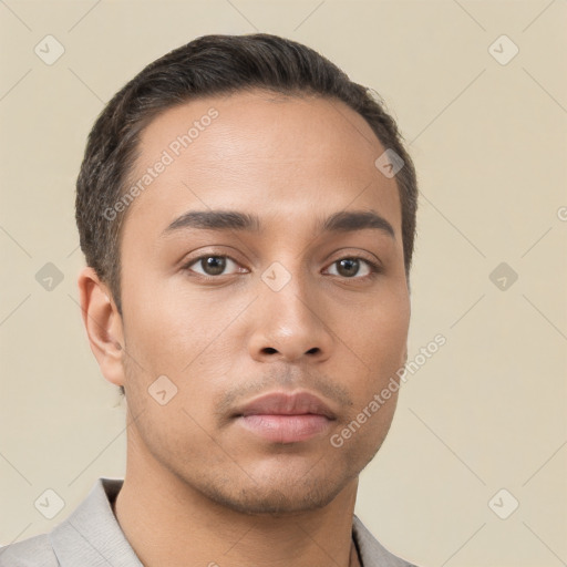 Neutral asian young-adult male with short  brown hair and brown eyes