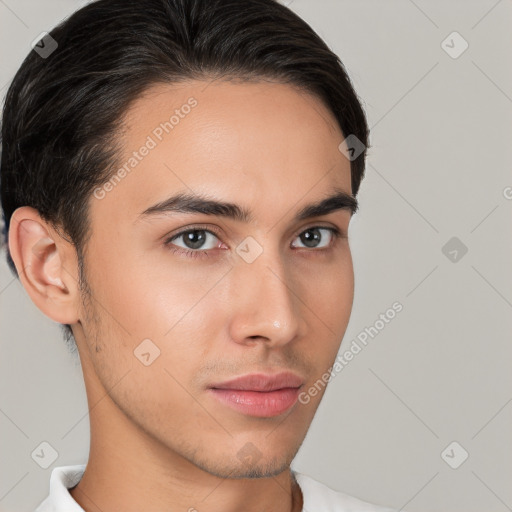 Neutral white young-adult male with short  brown hair and brown eyes