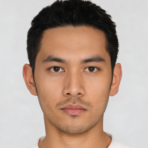 Neutral asian young-adult male with short  black hair and brown eyes