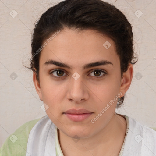 Neutral white young-adult female with short  brown hair and brown eyes