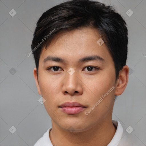 Neutral asian young-adult male with short  brown hair and brown eyes