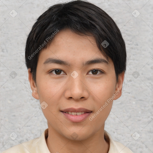 Joyful asian young-adult female with short  brown hair and brown eyes