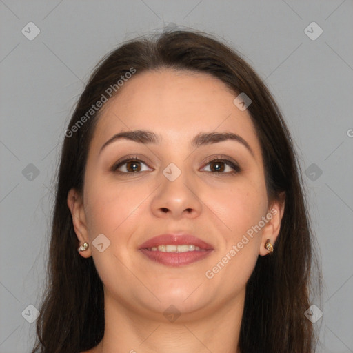 Joyful white young-adult female with long  brown hair and brown eyes