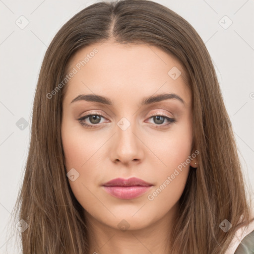 Neutral white young-adult female with long  brown hair and brown eyes