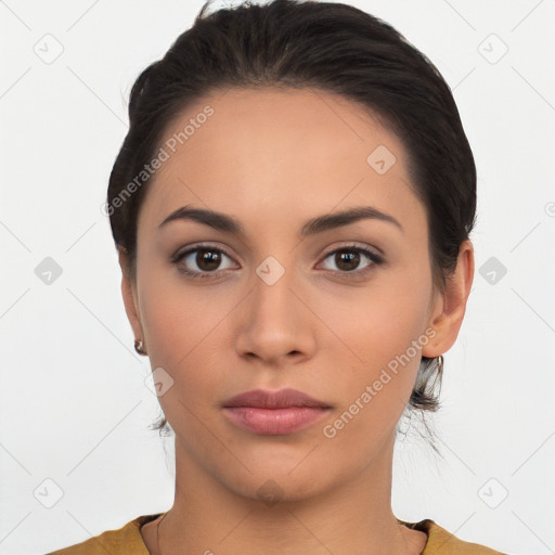 Neutral white young-adult female with short  brown hair and brown eyes