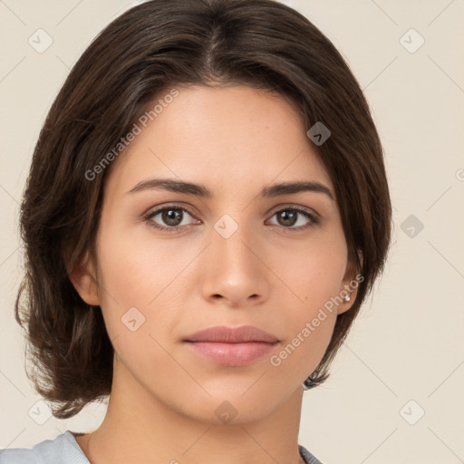 Neutral white young-adult female with medium  brown hair and brown eyes