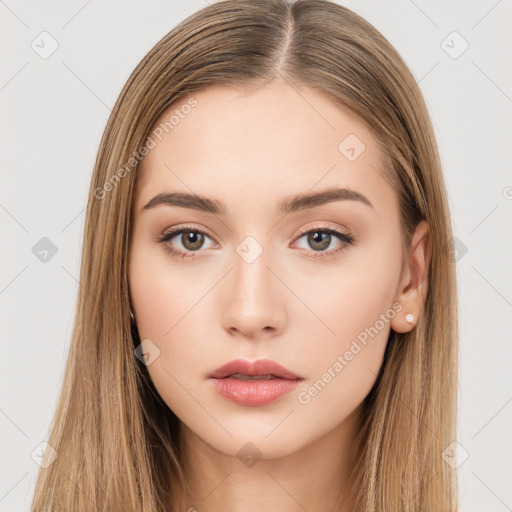 Neutral white young-adult female with long  brown hair and brown eyes