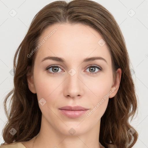 Neutral white young-adult female with medium  brown hair and grey eyes