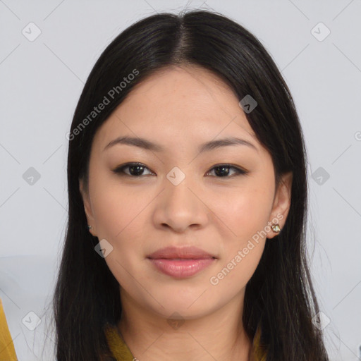 Joyful asian young-adult female with long  black hair and brown eyes