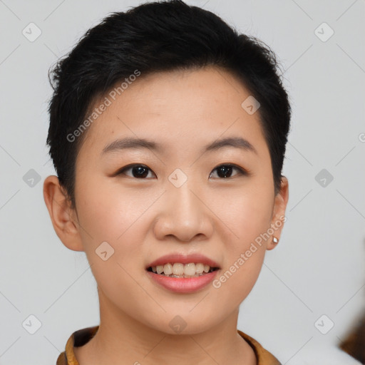 Joyful asian young-adult female with short  brown hair and brown eyes