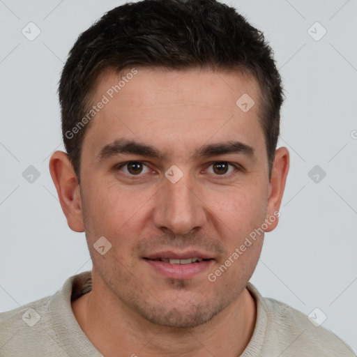 Joyful white young-adult male with short  brown hair and brown eyes