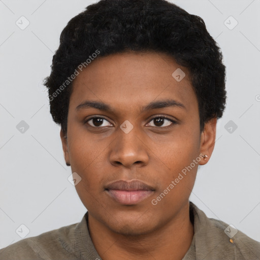 Neutral black young-adult male with short  black hair and brown eyes