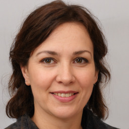 Joyful white adult female with medium  brown hair and brown eyes