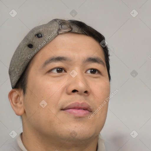 Neutral asian adult male with short  brown hair and brown eyes