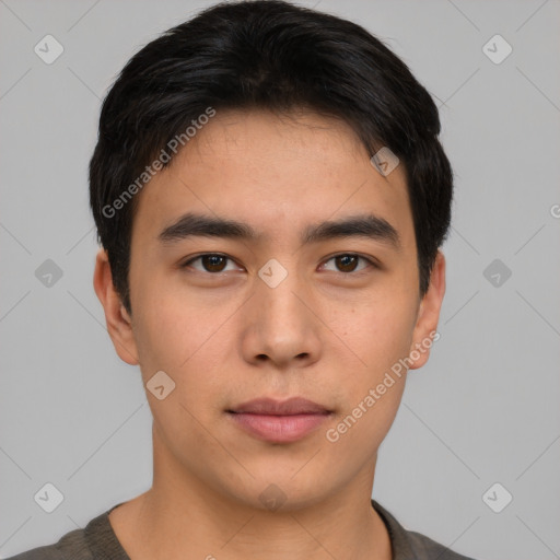 Neutral asian young-adult male with short  black hair and brown eyes