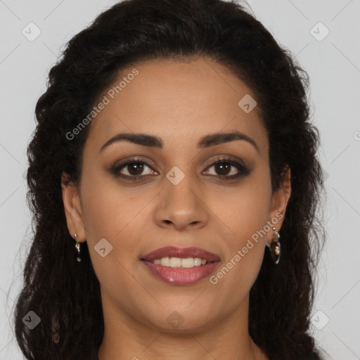 Joyful latino young-adult female with long  brown hair and brown eyes