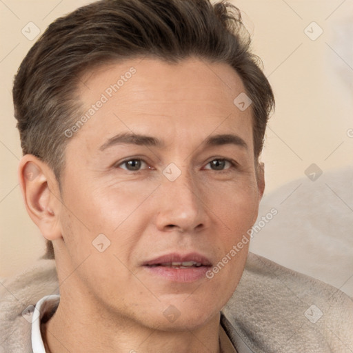 Neutral white adult male with short  brown hair and brown eyes