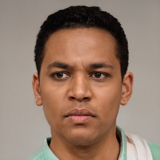 Neutral latino young-adult male with short  black hair and brown eyes