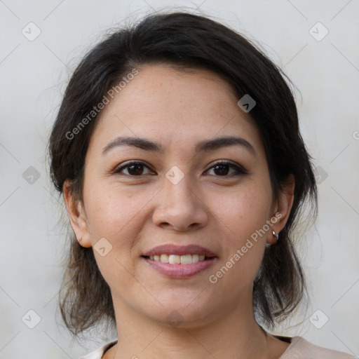 Joyful white young-adult female with medium  brown hair and brown eyes