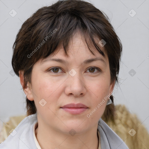 Neutral white young-adult female with medium  brown hair and brown eyes