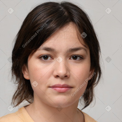 Neutral white young-adult female with medium  brown hair and brown eyes