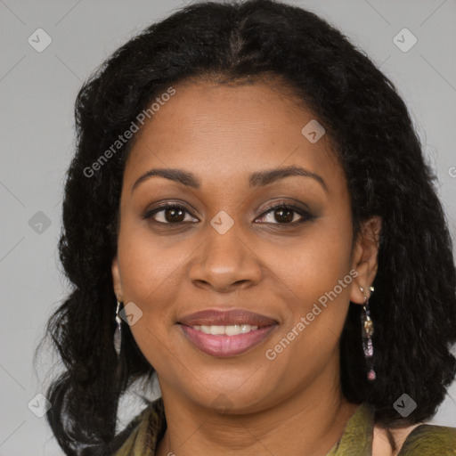 Joyful black young-adult female with medium  brown hair and brown eyes