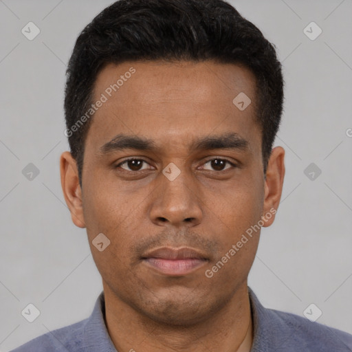 Neutral latino young-adult male with short  black hair and brown eyes
