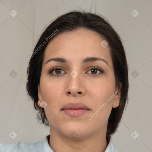 Neutral white young-adult female with medium  brown hair and brown eyes