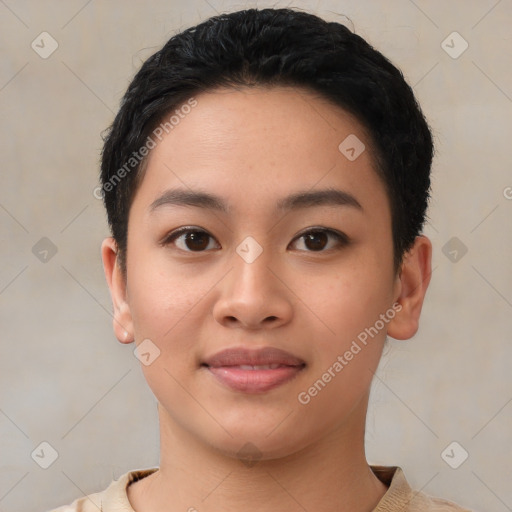 Joyful asian young-adult female with short  black hair and brown eyes