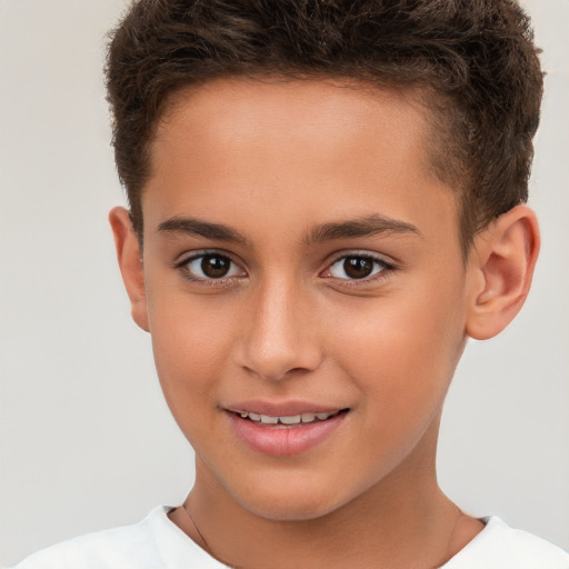 Joyful white child female with short  brown hair and brown eyes