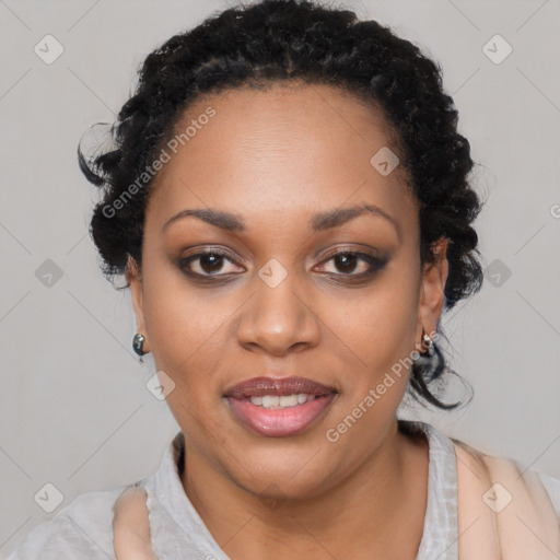 Joyful black young-adult female with medium  black hair and brown eyes