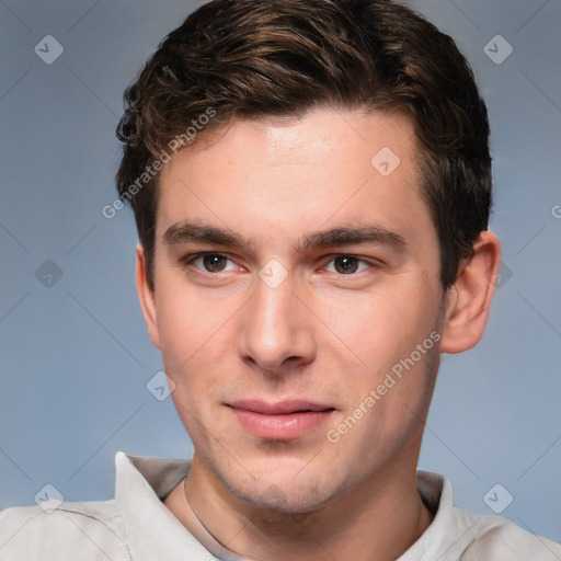 Neutral white young-adult male with short  brown hair and grey eyes