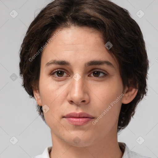 Neutral white young-adult female with medium  brown hair and brown eyes