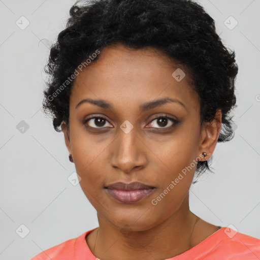 Neutral black young-adult female with short  black hair and brown eyes