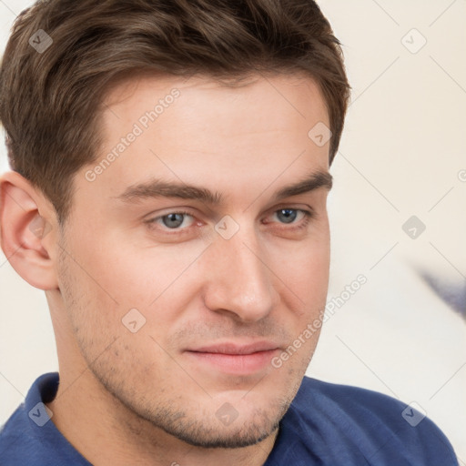 Neutral white young-adult male with short  brown hair and grey eyes