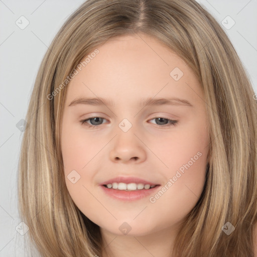 Joyful white child female with long  brown hair and brown eyes