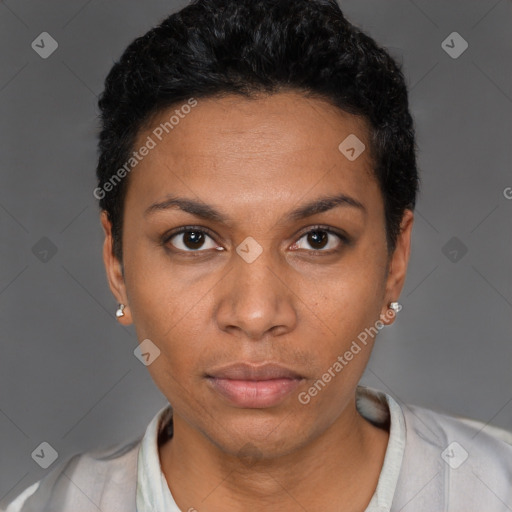 Neutral black young-adult female with short  black hair and brown eyes