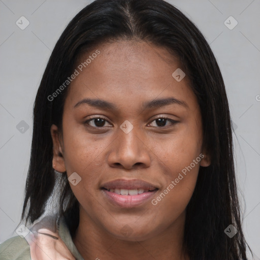 Joyful asian young-adult female with long  brown hair and brown eyes