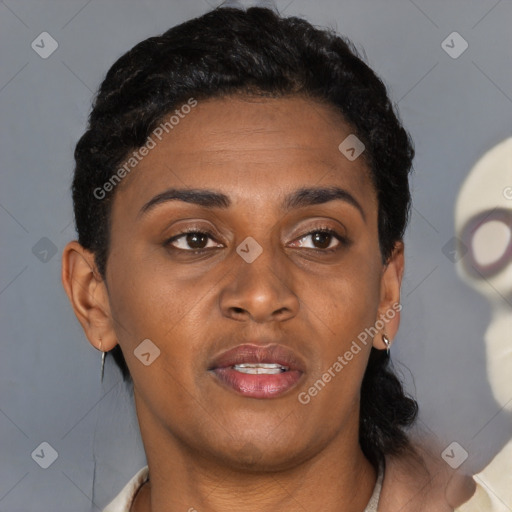 Joyful black young-adult female with short  brown hair and brown eyes