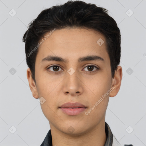 Neutral asian young-adult male with short  black hair and brown eyes