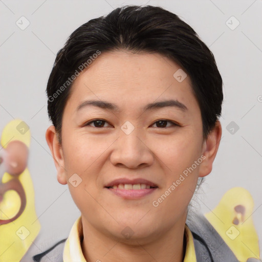 Joyful asian young-adult female with short  brown hair and brown eyes