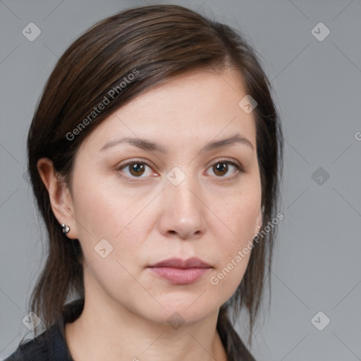 Neutral white young-adult female with medium  brown hair and brown eyes