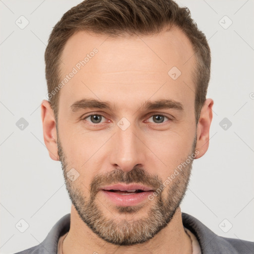 Neutral white young-adult male with short  brown hair and brown eyes