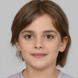 Joyful white child female with medium  brown hair and brown eyes