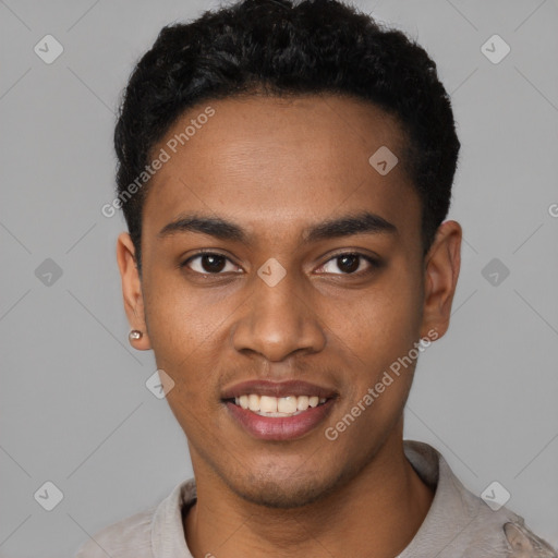 Joyful black young-adult male with short  black hair and brown eyes