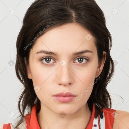 Neutral white young-adult female with medium  brown hair and brown eyes