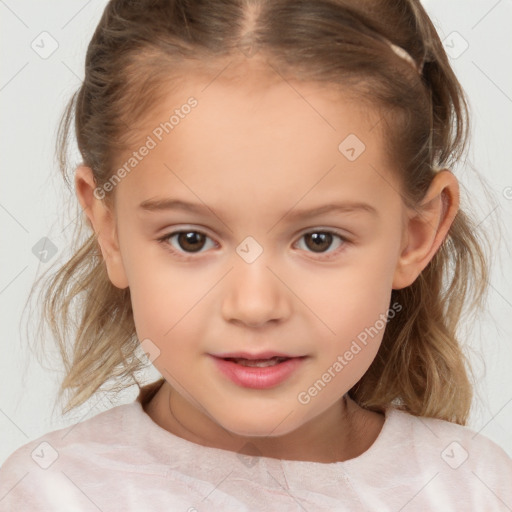 Joyful white child female with medium  brown hair and brown eyes