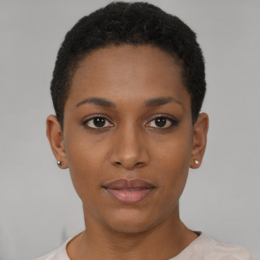 Neutral black young-adult female with short  brown hair and brown eyes